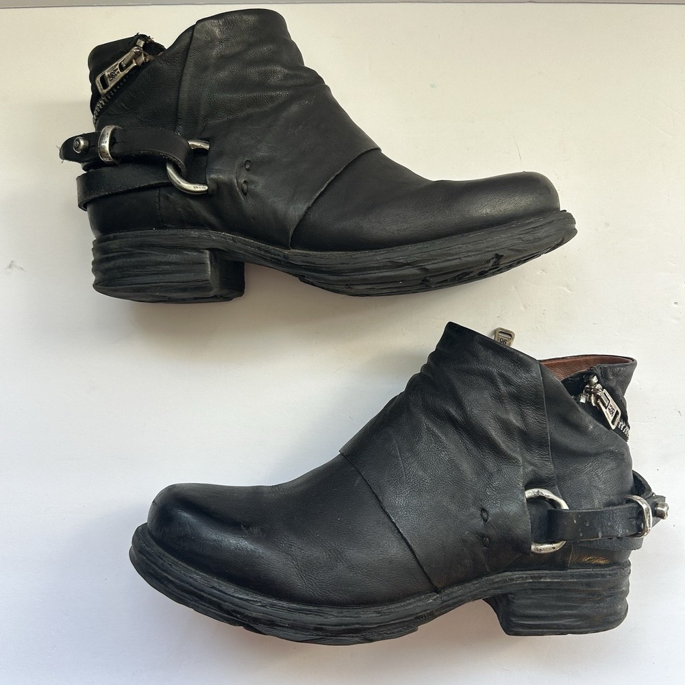 AS 98 Air Step Steve Black Leather Studded Moto Biker Ankle Zip Booties 37 6.5 - Picture 10 of 16